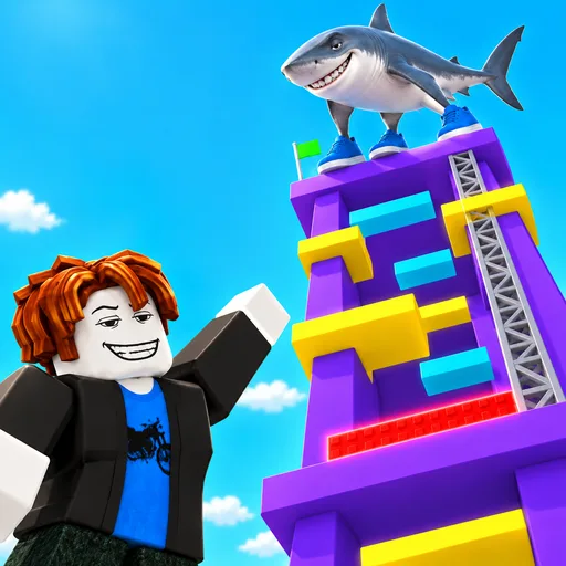 Climb the Brainrots: a Roblox character waves at a colorful tower with a shark on top
