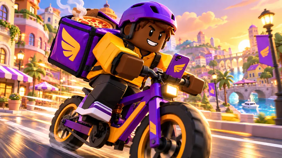Delivery Rush Tycoon: a rider on a purple e-bike delivers a pizza through a sunny seaside town