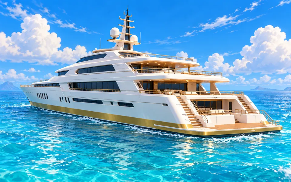 Yacht One Shot Gun Game: a white and gold luxury yacht on turquoise water